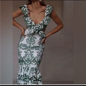 White and Green Ruffled Bodycon Maxi Dress Plunge Neckline
